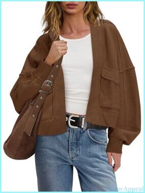 Oversized Open Front Batwing Long Sleeve Cardigan Cropped Sweater Jacket